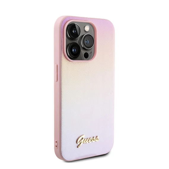 Guess PU Leather Iridescent Metal Script iPhone 15 Pro tok, rózsaszín