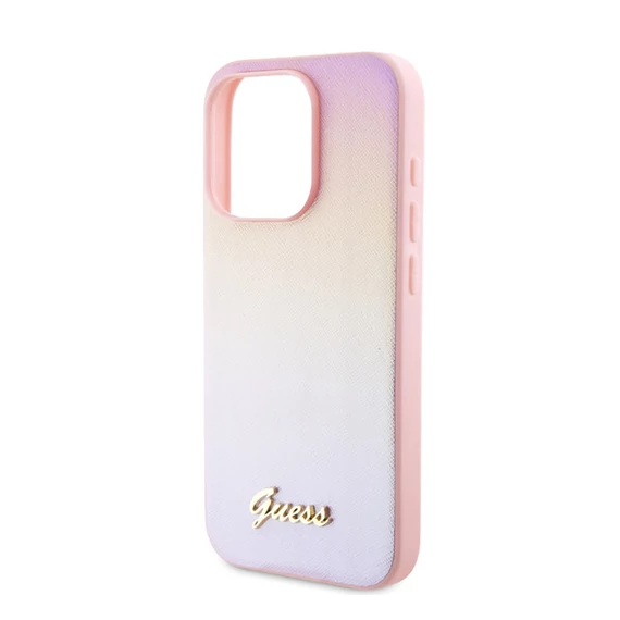 Guess PU Leather Iridescent Metal Script iPhone 15 Pro tok, rózsaszín