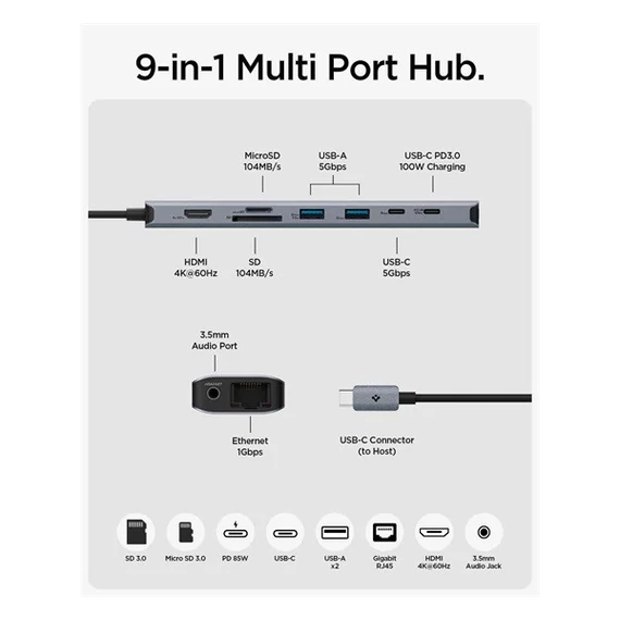 Spigen Multi Hub, szürke (9 Port) PD2306