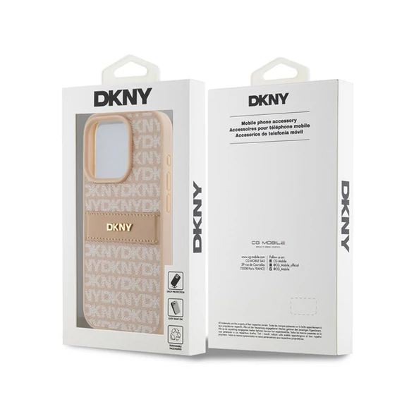 DKNY PU Leather Repeat Pattern Tonal Stripe Apple iPhone 15 Pro tok, rózsaszín