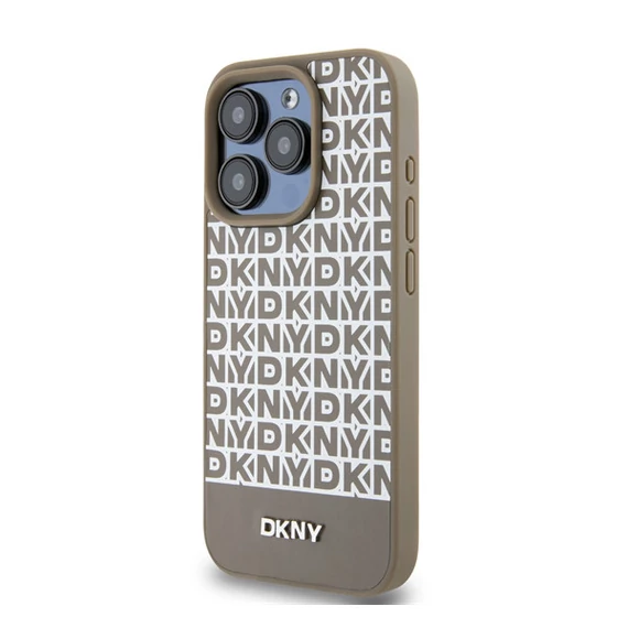 DKNY PU Leather Repeat Pattern Bottom Stripe Apple iPhone 15 Pro tok, barna