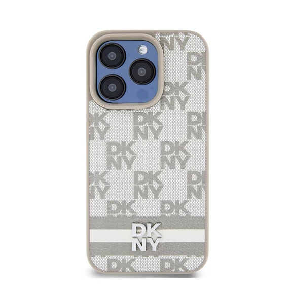 DKNY PU Leather Checkered Pattern and Stripe Apple iPhone 15 Pro tok, bézs