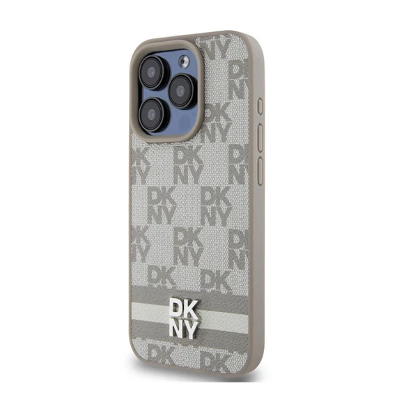 DKNY PU Leather Checkered Pattern and Stripe Apple iPhone 15 Pro tok, bézs