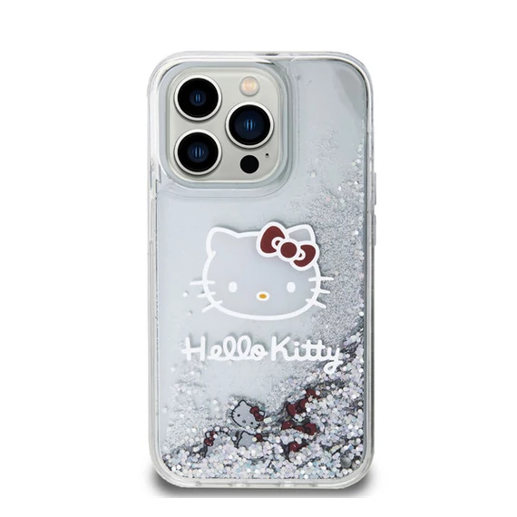 Hello Kitty Liquid Glitter Electroplating Head Logo Apple iPhone 15 Pro hátlap tok, átlátszó
