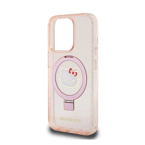 Hello Kitty IML Ringstand Glitter Kitty Head Logo Apple iPhone 15 Pro Max MagSafe hátlap tok, rózsaszín
