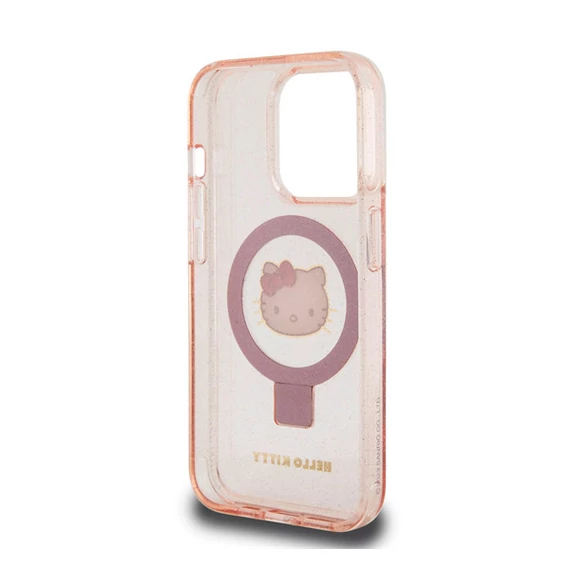 Hello Kitty IML Ringstand Glitter Kitty Head Logo Apple iPhone 15 Pro Max MagSafe hátlap tok, rózsaszín