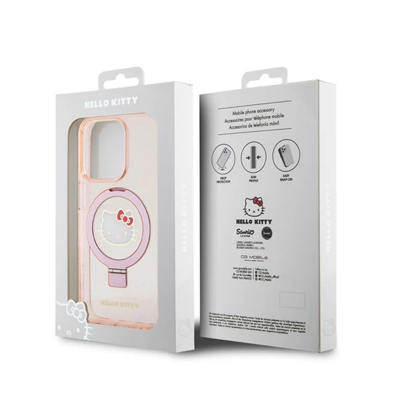 Hello Kitty IML Ringstand Glitter Kitty Head Logo Apple iPhone 15 Pro Max MagSafe hátlap tok, rózsaszín