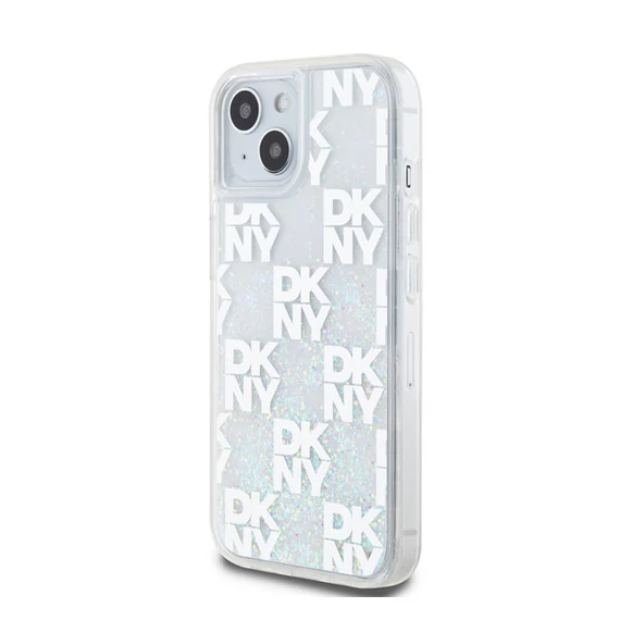 DKNY Liquid Glitter Checkered Pattern iPhone 15 hátlap tok, átlátszó
