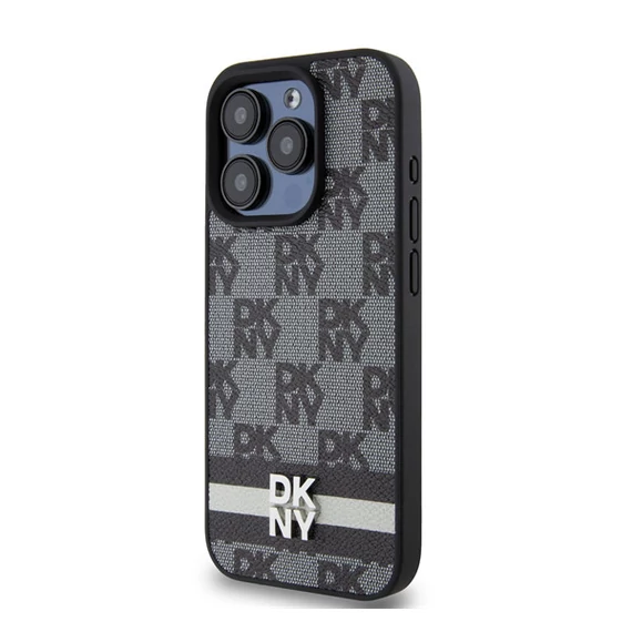 DKNY PU Leather Checkered Pattern and Stripe iPhone 13 Pro Max hátlap tok, fekete