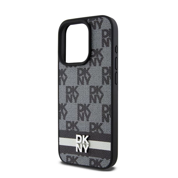 DKNY PU Leather Checkered Pattern and Stripe iPhone 13 Pro Max hátlap tok, fekete