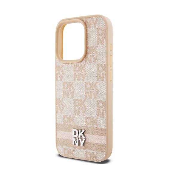 DKNY PU Leather Checkered Pattern and Stripe iPhone 14 Pro Max hátlap tok, rózsaszín