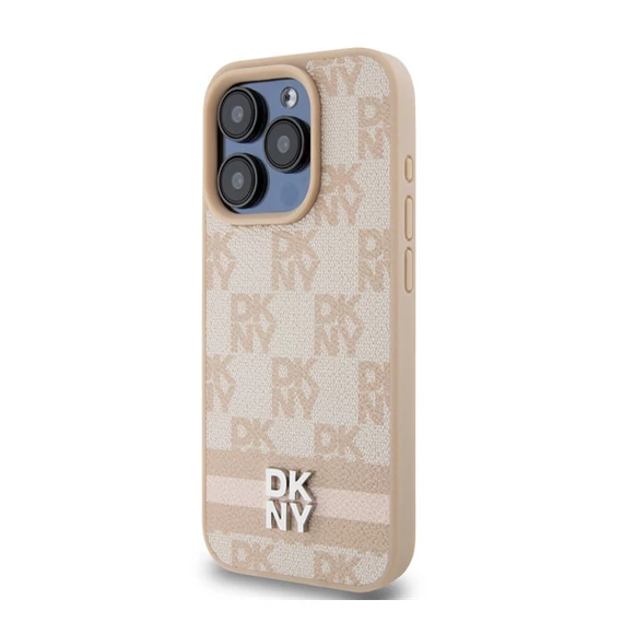DKNY PU Leather Checkered Pattern and Stripe iPhone 14 Pro hátlap tok, rózsaszín