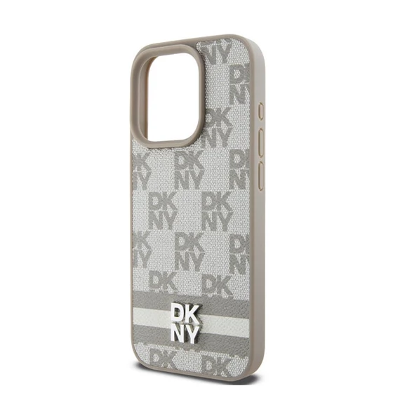 DKNY PU Leather Checkered Pattern and Stripe iPhone 15 Pro Max hátlap tok, bézs