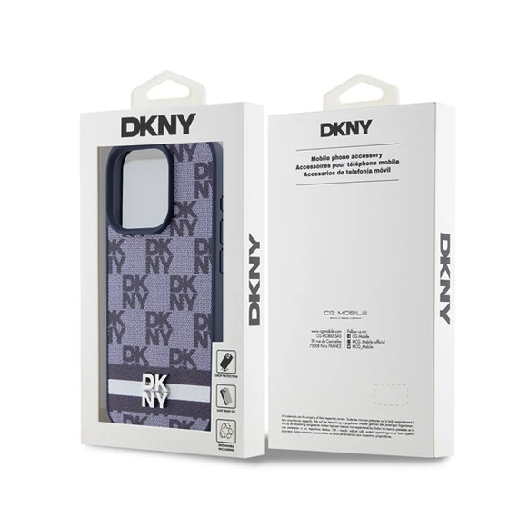 DKNY PU Leather Checkered Pattern and Stripe iPhone 15 Pro Max hátlap tok, kék