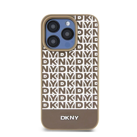 DKNY PU Leather Repeat Pattern Bottom Stripe iPhone 13 Pro hátlap tok, barna