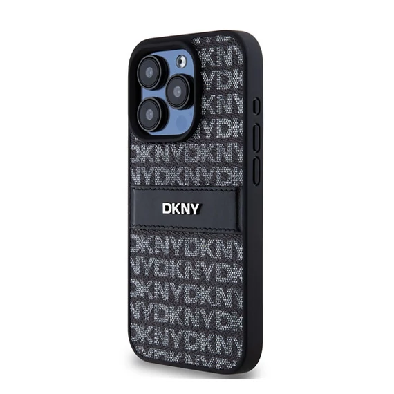DKNY PU Leather Repeat Pattern Tonal Stripe iPhone 14 Pro Max hátlap tok, fekete