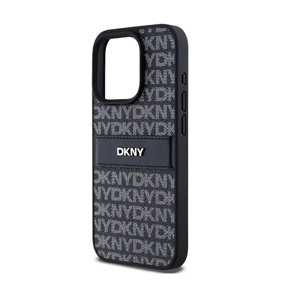 DKNY PU Leather Repeat Pattern Tonal Stripe iPhone 14 Pro Max hátlap tok, fekete