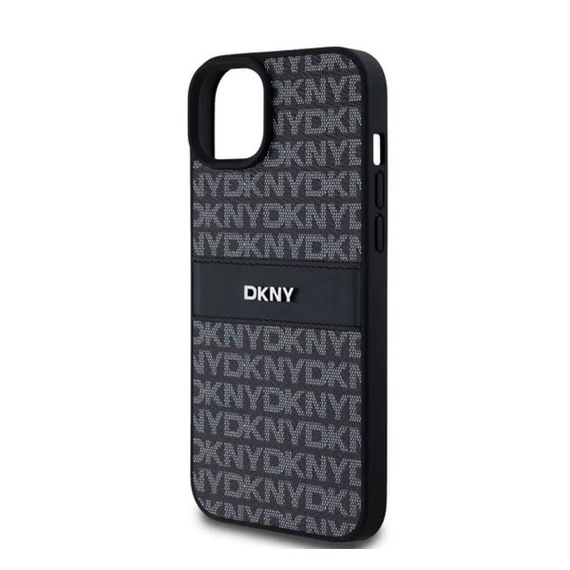 DKNY PU Leather Repeat Pattern Tonal Stripe Apple iPhone 15 Plus hátlap tok, fekete