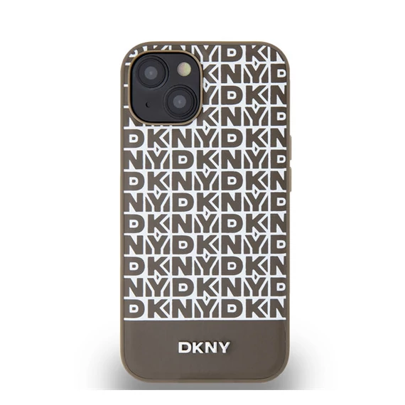 DKNY PU Leather Repeat Pattern Bottom Stripe Apple iPhone 13 Magsafe kompatibilis hátlap tok, barna