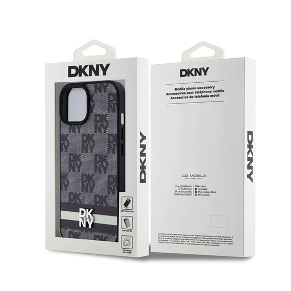 DKNY PU Leather Checkered Pattern and Stripe Apple iPhone 15 hátlap tok, fekete
