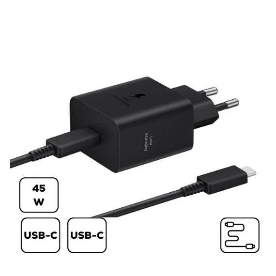 Samsung hálózati adapter USB-C + USB-C kábellel, PD, 45W, Fekete