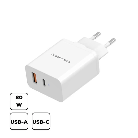 Cellect hálózati töltő USB-C + USB-A(MTCB-PD20W-W), 20W, fehér