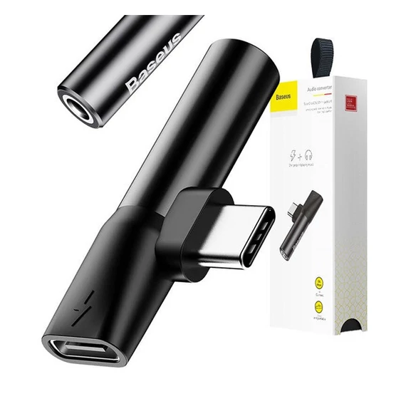 Baseus USB-C-USB-C+Mini Jack 3,5 mm audio adapter, fekete