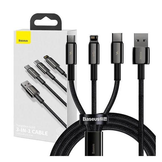 Baseus Tungsten Gold 3in1 USB-kábel, USB / micro-USB / USB-C / Lightning, 3,5 A, 1,5 m, fekete
