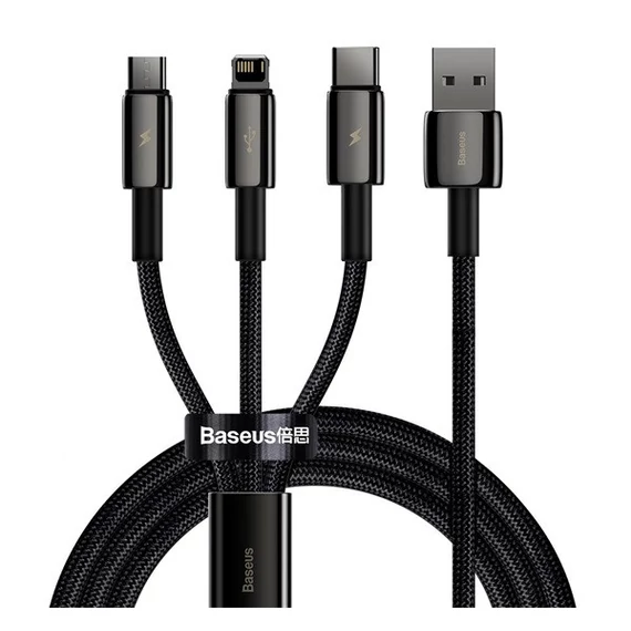 Baseus Tungsten Gold 3in1 USB-kábel, USB / micro-USB / USB-C / Lightning, 3,5 A, 1,5 m, fekete