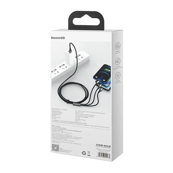 Baseus Tungsten Gold 3in1 USB-kábel, USB / micro-USB / USB-C / Lightning, 3,5 A, 1,5 m, fekete