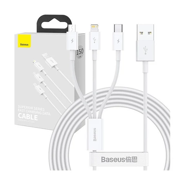 Baseus Superior Series 3in1 töltő- és adatkábel, USB / microUSB / USB-C / Lightning, 3,5 A, 1,2 m, fehér