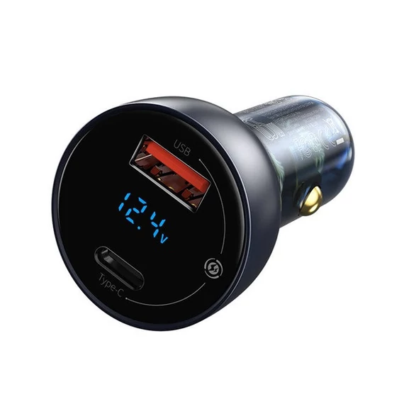 Baseus autós szivargyújtó töltő digitális kijelzővel, USB-A + USB-C, QC3.0+PD, 5A, 65W, fekete