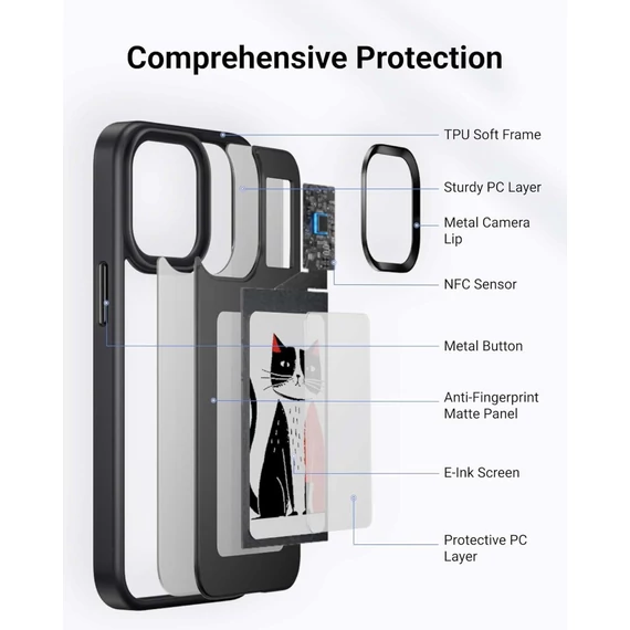 E-Ink okos telefontok, programozható NFC kijelzővel iPhone 13 Pro, fekete