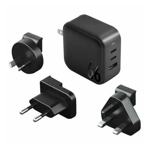 Energea Travelite GAN66 1xUSB-A/ 2xUSB-C utazó gyorstöltő adapter, (PD-PPS-QC 3.0) 66W, fekete (US/EU)