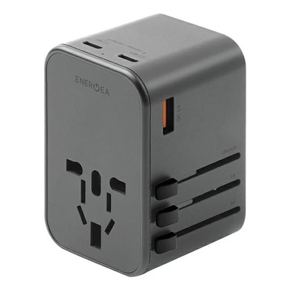 Energea Travelworld GaN65 4in1 1xUSB-A/ 2xUSB-C utazó gyorsöltő adapter, (PD-PPS-QC 3.0) 65W, szürke (US/UA/EU/UK)