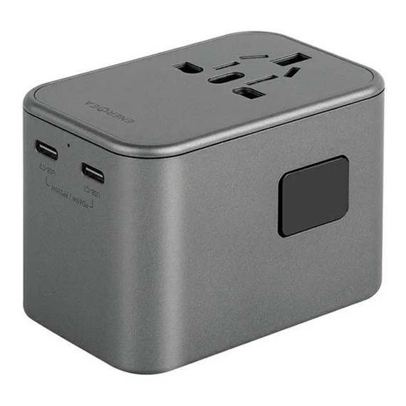 Energea Travelworld GaN65 4in1 1xUSB-A/ 2xUSB-C utazó gyorsöltő adapter, (PD-PPS-QC 3.0) 65W, szürke (US/UA/EU/UK)