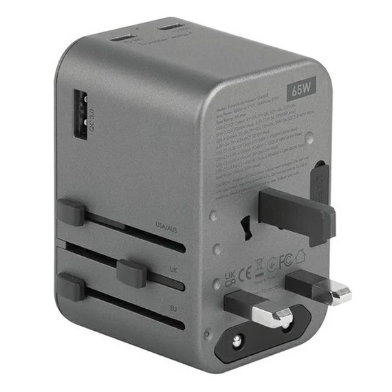 Energea Travelworld GaN65 4in1 1xUSB-A/ 2xUSB-C utazó gyorsöltő adapter, (PD-PPS-QC 3.0) 65W, szürke (US/UA/EU/UK)