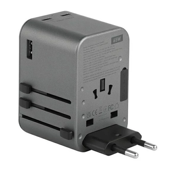 Energea Travelworld GaN65 4in1 1xUSB-A/ 2xUSB-C utazó gyorsöltő adapter, (PD-PPS-QC 3.0) 65W, szürke (US/UA/EU/UK)