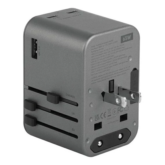 Energea Travelworld GaN65 4in1 1xUSB-A/ 2xUSB-C utazó gyorsöltő adapter, (PD-PPS-QC 3.0) 65W, szürke (US/UA/EU/UK)