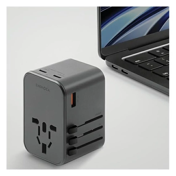 Energea Travelworld GaN65 4in1 1xUSB-A/ 2xUSB-C utazó gyorsöltő adapter, (PD-PPS-QC 3.0) 65W, szürke (US/UA/EU/UK)