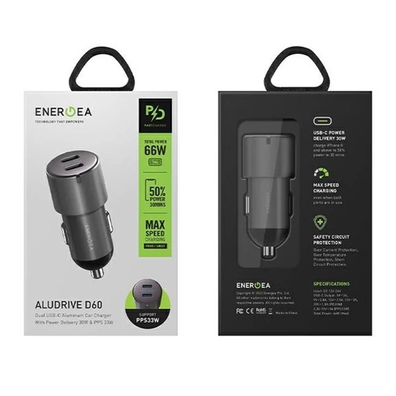 Energea Alu Drive D60 2xUSB-C autós szivargyújtó töltő, (PD-PPS) 66W, szürke