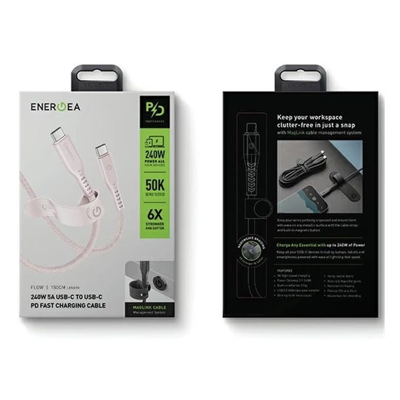 Energea kabel Flow USB-C / USB-C szövet gyorstöltő- és adatkábel, 1.5m, 240W, 5A, rózsaszín