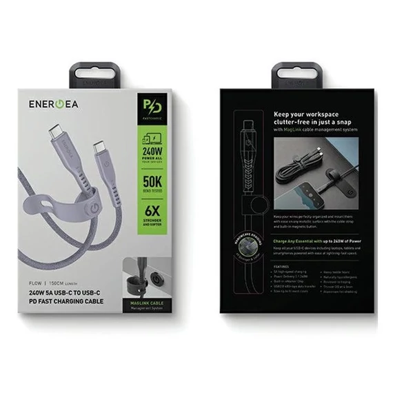 Energea kabel Flow USB-C / USB-C szövet gyorstöltő- és adatkábel, 1.5m, 240W, 5A, lila