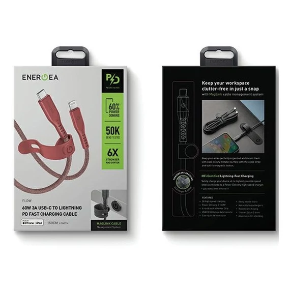 Energea Flow C94 USB-C / Lightning MFI szövet gyorstöltő- és adatkábel, 1.5m, 60W, 3A, piros