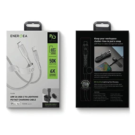 Energea Flow C94 USB-C / Lightning MFI szövet gyorstöltő- és adatkábel, 1.5m, 60W, 3A, fehér
