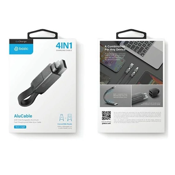 Energea Bazic GoCharge 4in1 USB / USB-C- USB-C / Lightning töltő- és adatkábel, 0.15m, 60W, 3A, fekete