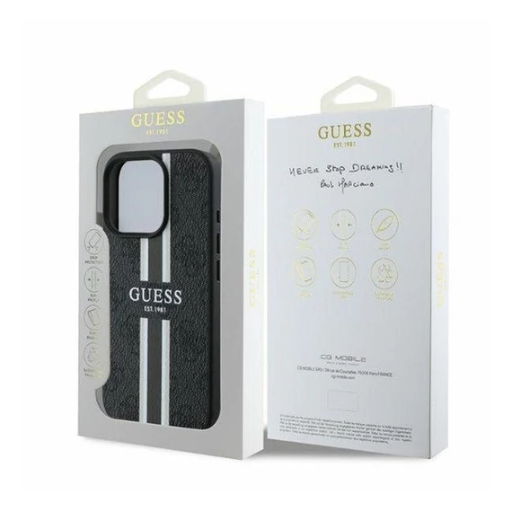 Guess 4G Printed Stripes MagSafe Apple iPhone 16 Pro Max hátlap tok, fekete/barna GUHMP16XP4RPSK