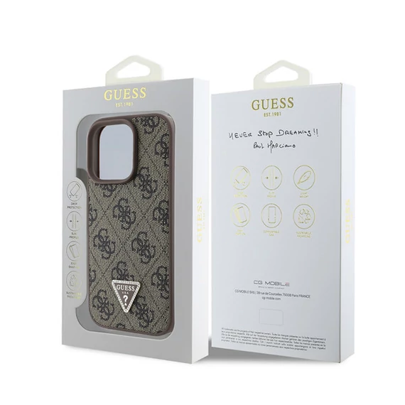 Guess PU 4G Strass Triangle Metal Logo Apple iPhone 16 Pro Max hátlap tok, barna