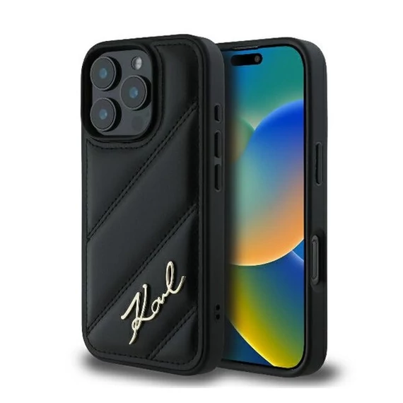 Karl Lagerfeld Quilted Signature Apple iPhone 16 Pro Max hátlap tok, fekete KLHCP16XPQDSMGK